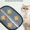A fluffy orange cat is shown next to a dark gray pet hair removal pad that has cat hair stuck in it.