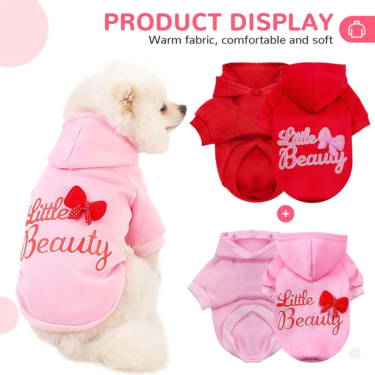 Pink and red custom letter print dog hoodies displayed on a white background.