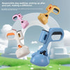 Three portable pet poop pickers or scoopers in pink, yellow, and blue against a green outdoor background.