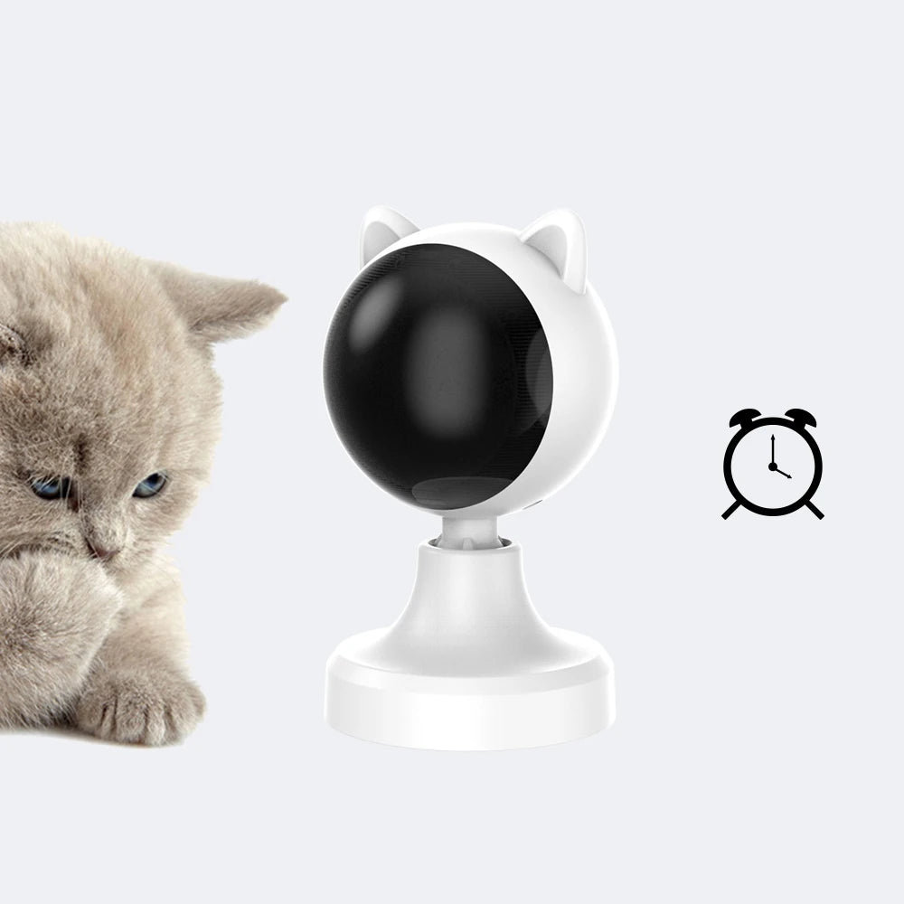 A white automatic laser cat toy with a black light emitting head and an analog clock icon.