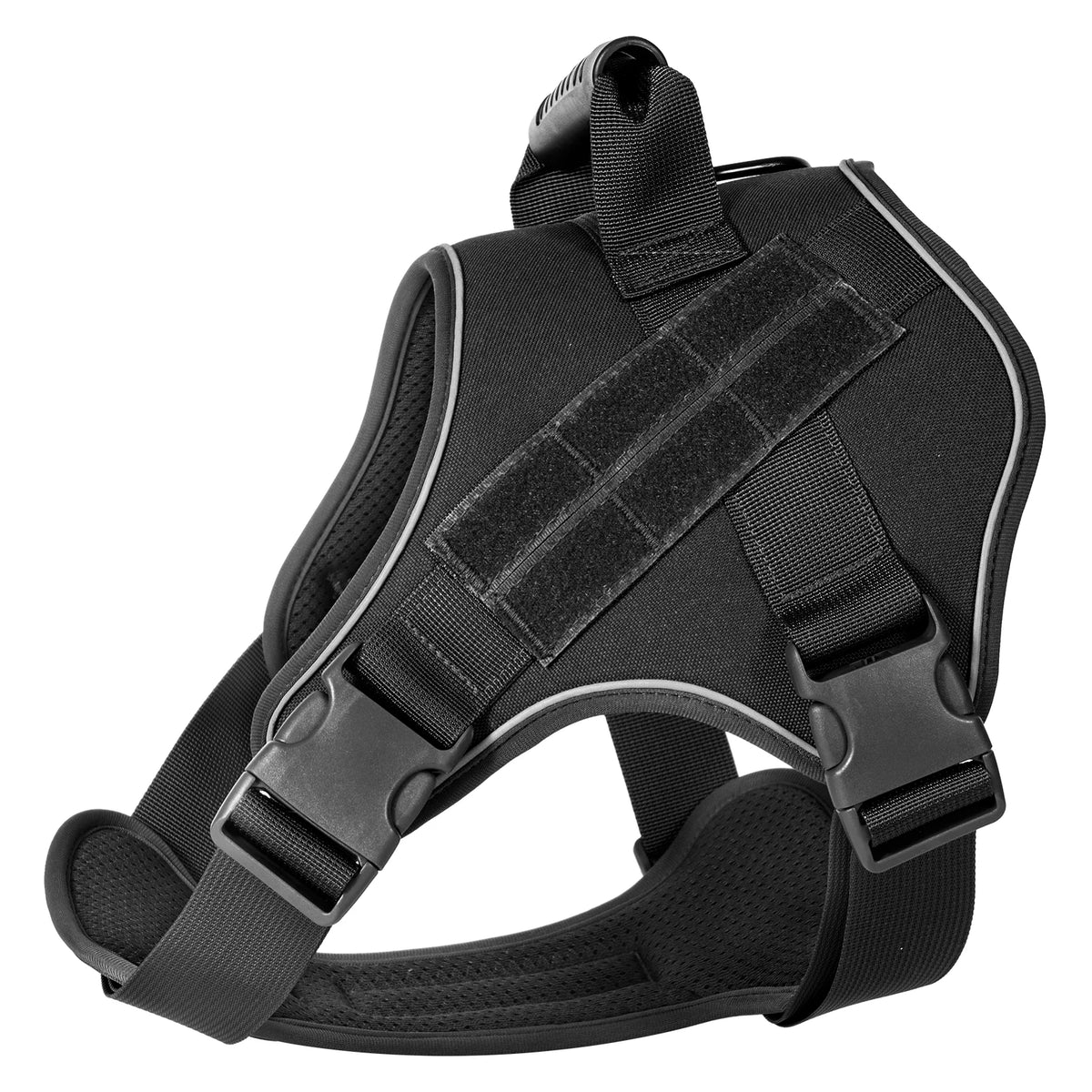 Black tactical dog harness with a reflective vest for training and outdoor adventures