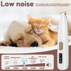 A white pet hair dryer is shown next to a kitten resting on a white surface, illustrating decibel levels for noise protection