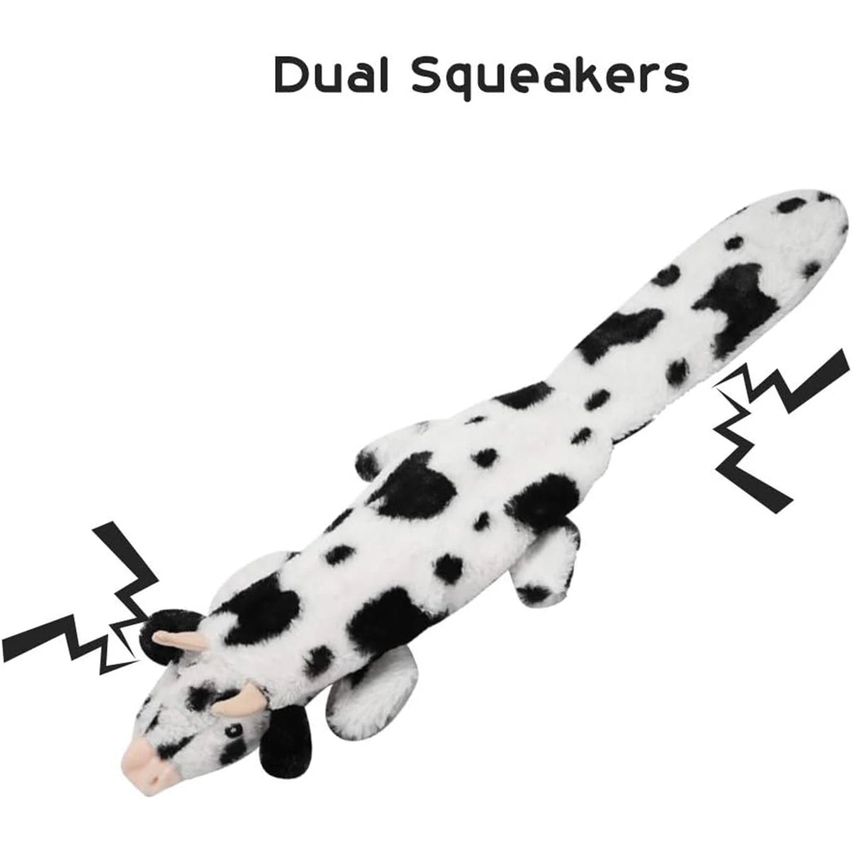 A white and black cow-patterned squeaky dog toy is shown, designed for stimulation.