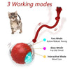 A red motion-activated cat toy ball with a string, shown next to a kitten and labeled for fast, slow, and interactive modes.