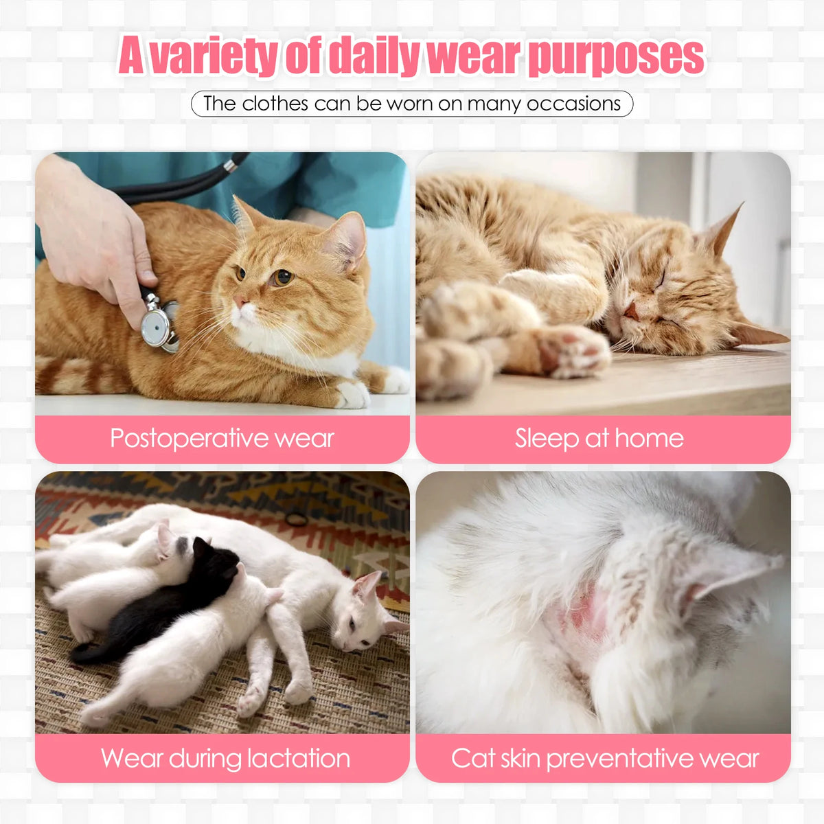 Images showing various daily wear purposes for cats including postoperative wear, sleeping at home, wear during lactation, an