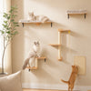 A wall-mounted cat climbing set featuring modular wooden shelves and a scratching post for a cat.