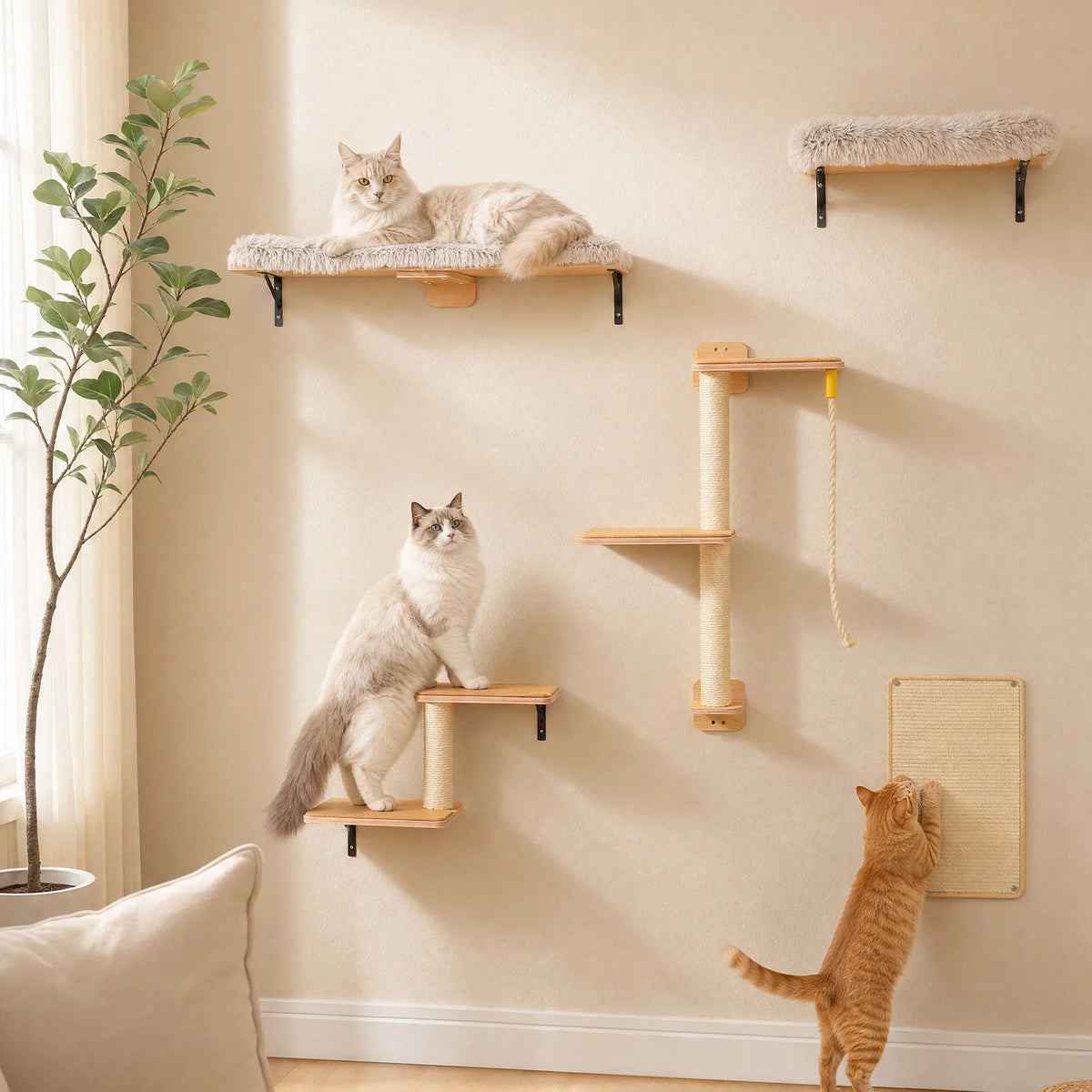 A wall-mounted cat climbing set featuring modular wooden shelves and a scratching post for a cat.