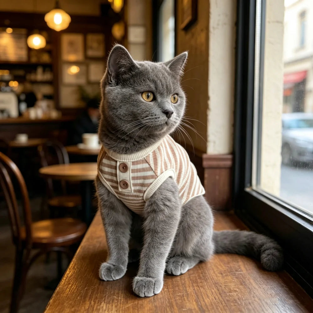 A gray cat wearing a knitted striped vest sitting on a wooden windowsill.
