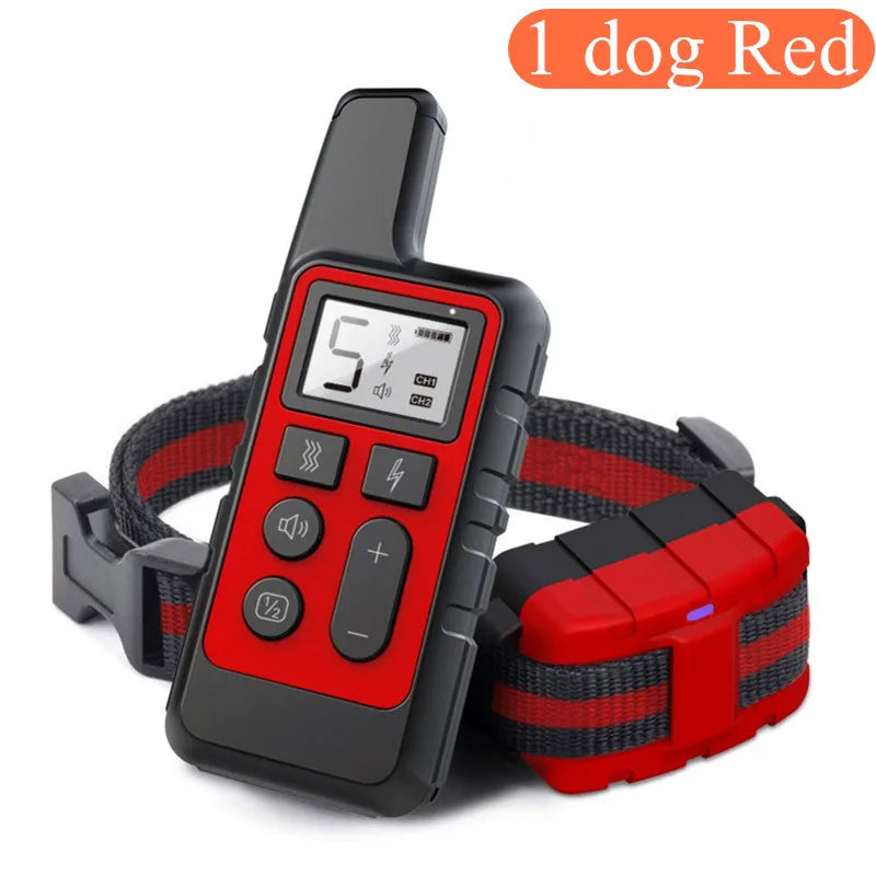 A red electric dog training collar with a black strap and control buttons is shown on a white background.