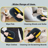 Reusable electrostatic pet hair remover gloves shown cleaning pets, sheets, sofas, and cat scratching boards.