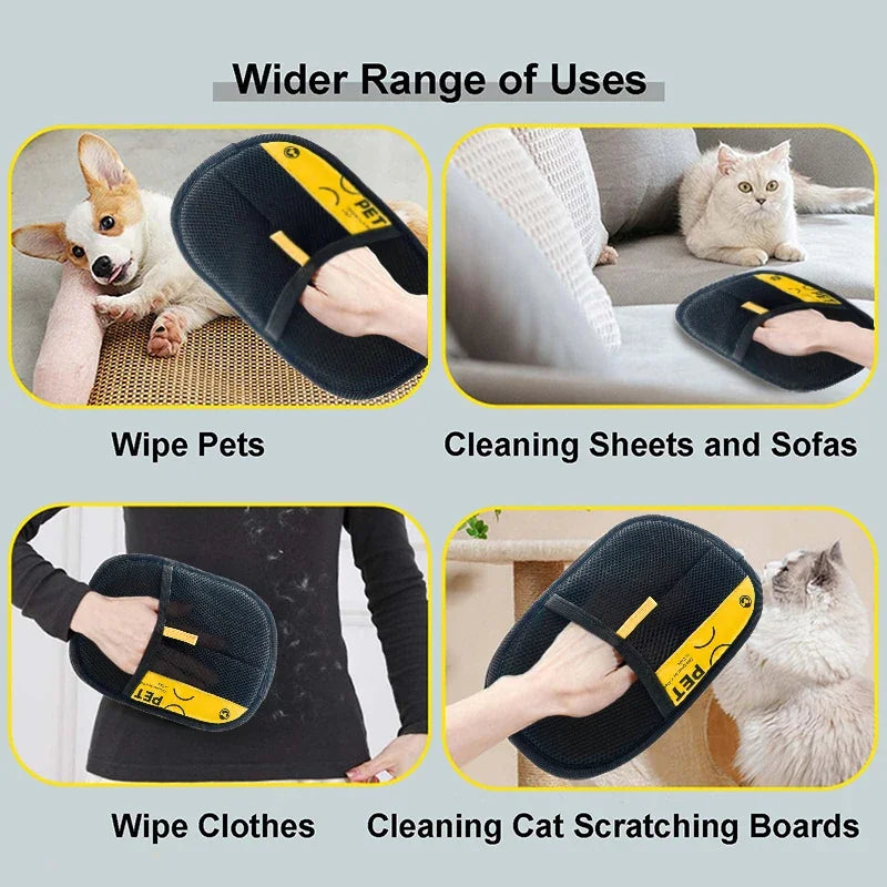 Reusable electrostatic pet hair remover gloves shown cleaning pets, sheets, sofas, and cat scratching boards.