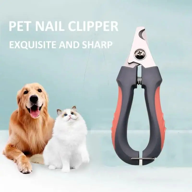A pair of pink and gray pet nail clippers is shown next to a golden retriever and a white cat.