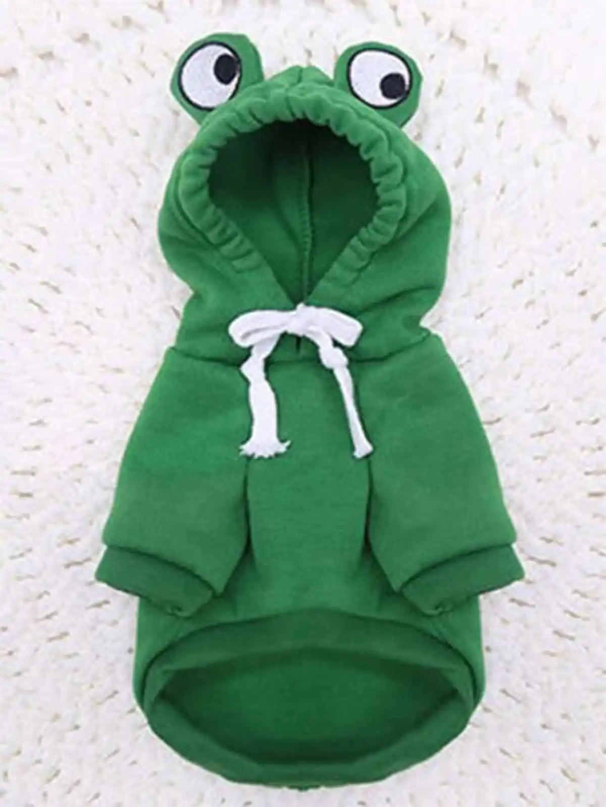 A green frog pet sweater for dogs with large eyes and a drawstring hood