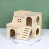 A natural wooden hamster house and activity platform with an arched entrance and climbing steps.