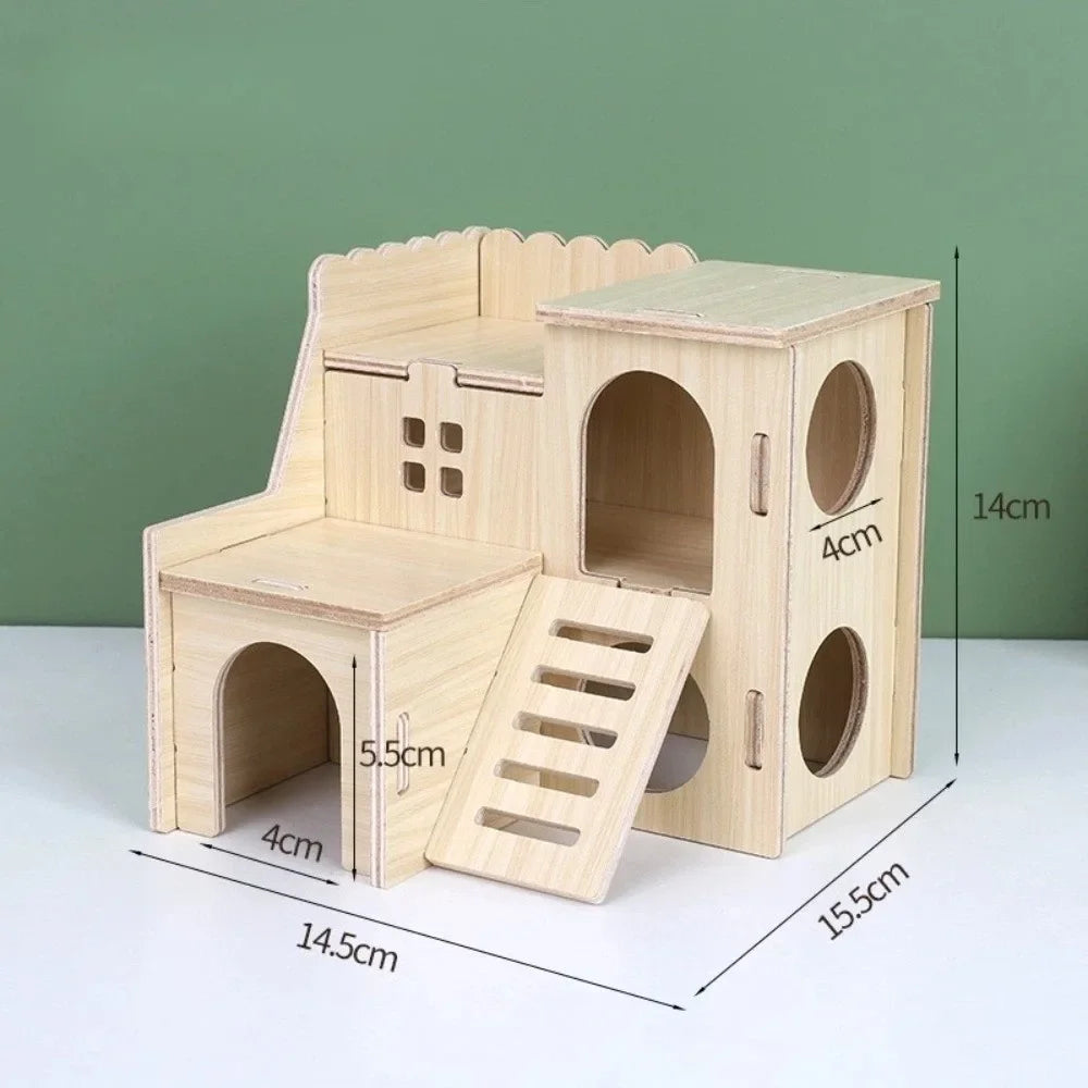 A natural wooden hamster house and activity platform with an arched entrance and climbing steps.