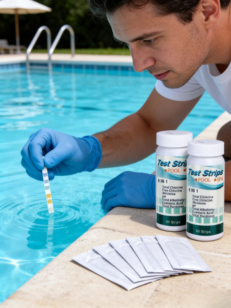 Un hombre con guantes azules está probando el agua de la piscina con un kit de tiras de prueba.
