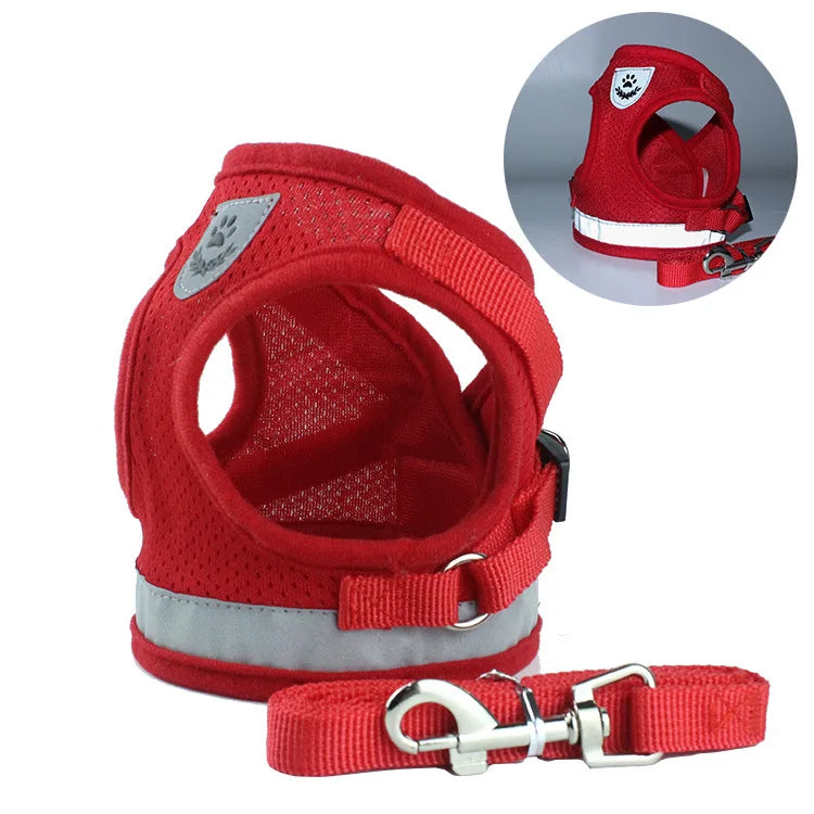 Red mesh dog vest harness and leash set with silver hardware
