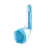 A silicone pet bath brush with a clear dispenser and blue bristles.