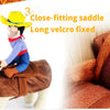 A dog wearing a cowboy costume jacket with a close-fitting saddle and long velcro fix.
