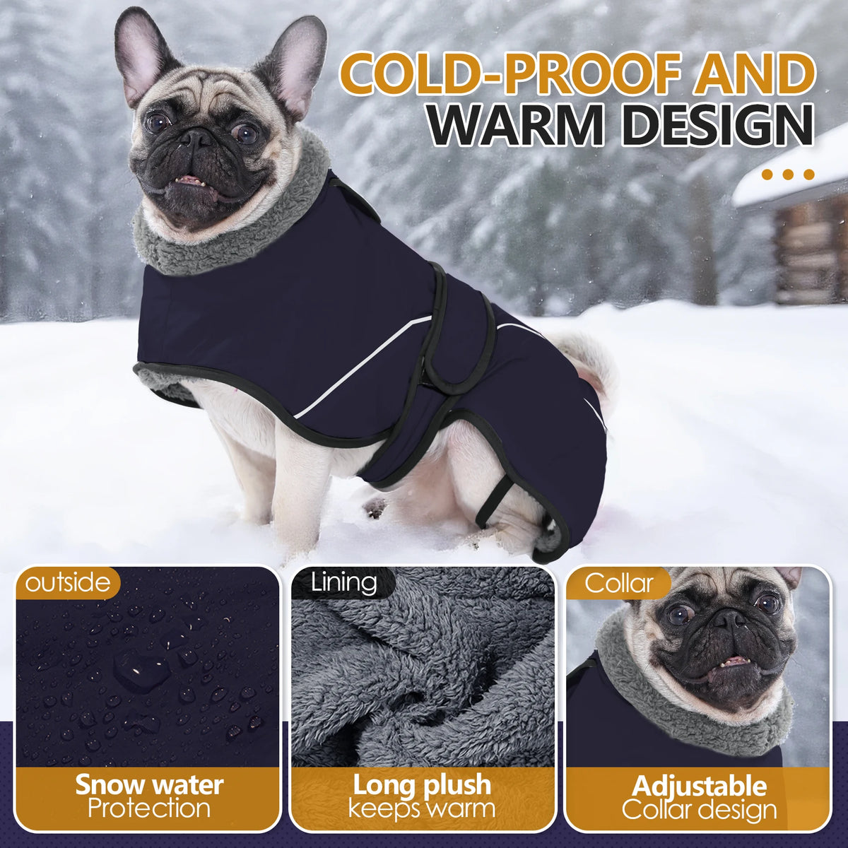 Dunkelblaue Hundefleece-Winterjacke mit Kragendesign bei einem Hund im Schnee.