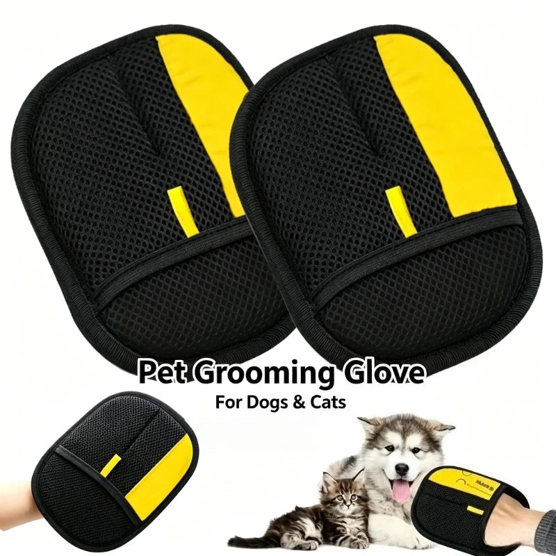 Black and yellow pet grooming gloves for dogs and cats shown with a paw.