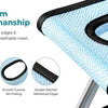 Close-up view of a light blue pet grooming hammock featuring double-stitched edges and breathable mesh.