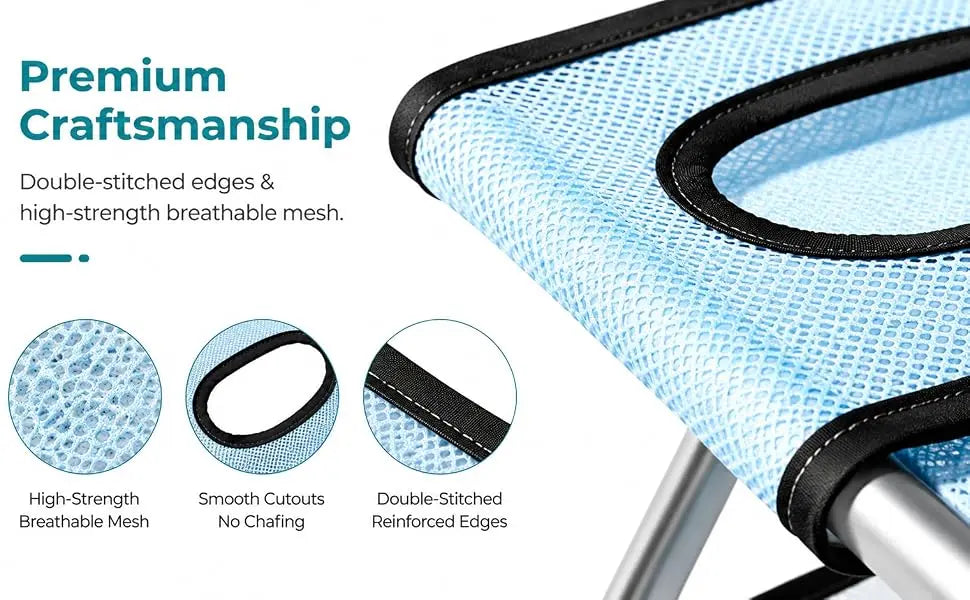 Close-up view of a light blue pet grooming hammock featuring double-stitched edges and breathable mesh.