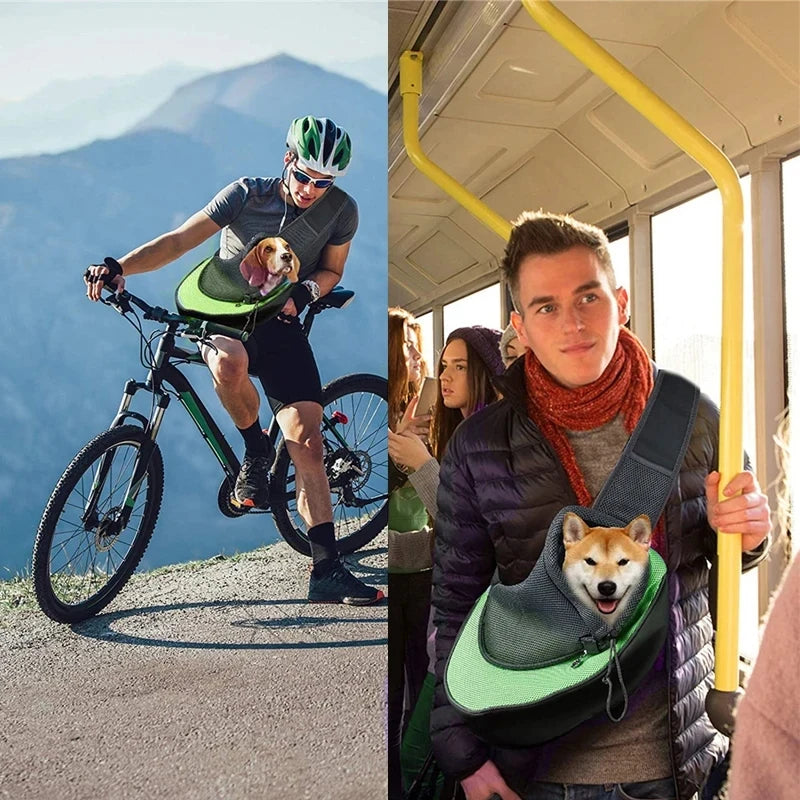 Ein junger Mann hält einen atmungsaktiven Hundeträger in einer gelben Leiste in einem Fahrzeug.