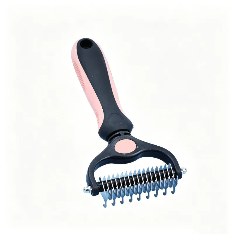 A pink and dark blue 2-in-1 pet detangler comb and grooming brush with a flexible handle and a metal comb attachment.