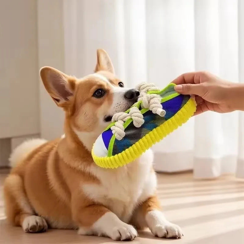 A light brown and white dog is holding a yellow squeaky slipper toy with a rope.