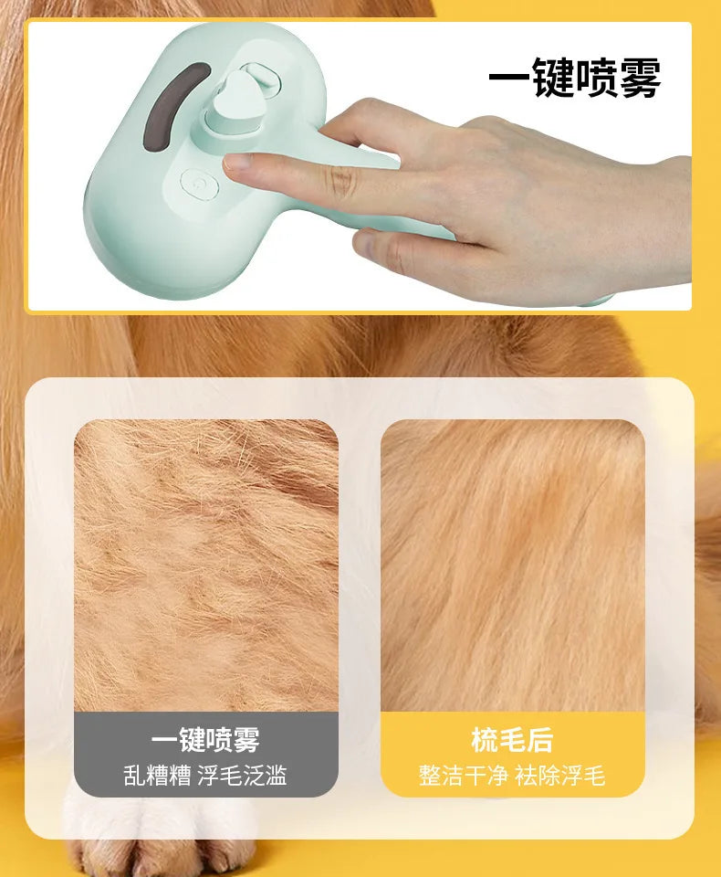A hand is holding a light green grooming tool used for pet hair, shown next to close-ups of the tool and dog fur.