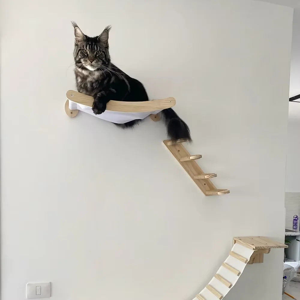 A black cat is resting on a wall-mounted hammock and climbing shelf made of wood.
