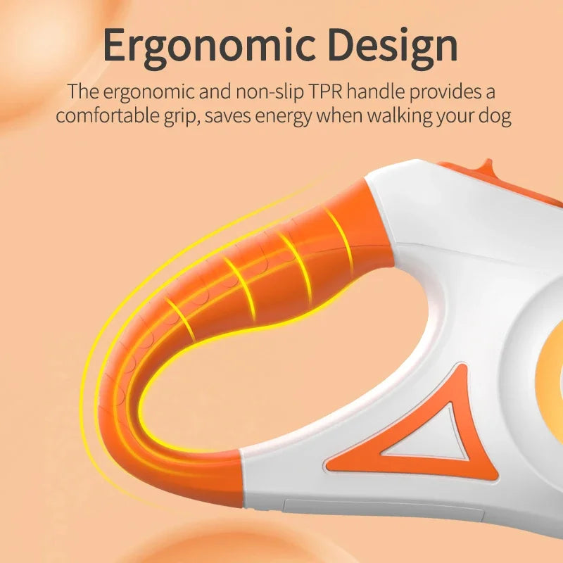 Close-up of an orange and white ergonomic dog leash handle designed for a comfortable grip.