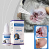 Botella de gotas para orejas de mascota Yegbong y una oreja de gato antes y después de la limpieza.