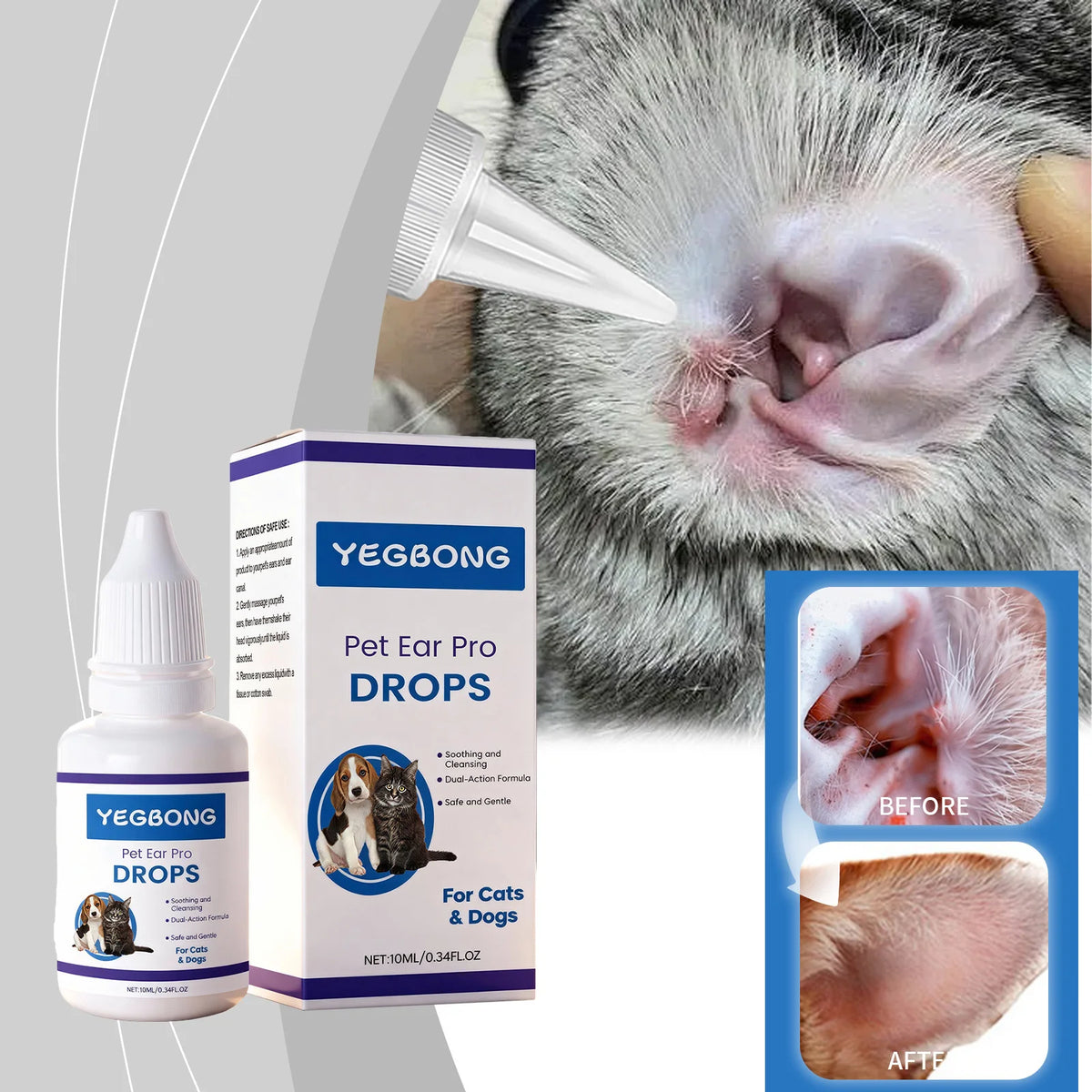 Botella de gotas para orejas de mascota Yegbong y una oreja de gato antes y después de la limpieza.