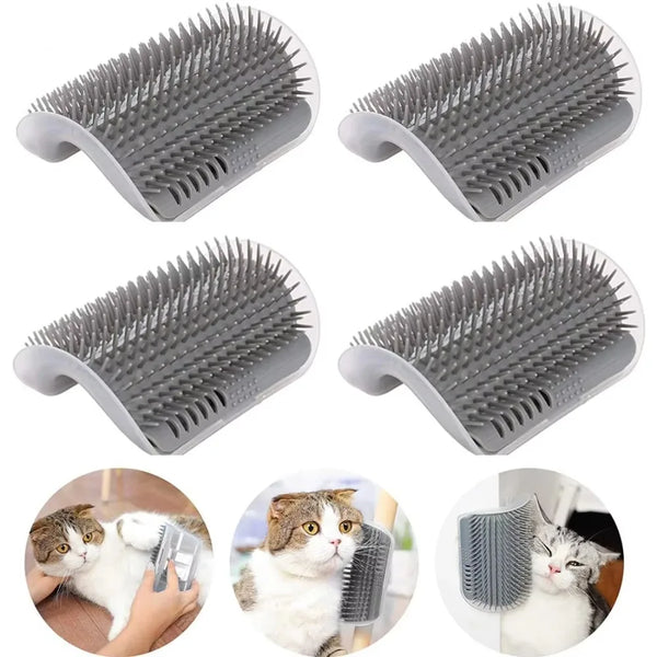 A set of gray silicone pet grooming combs and scratchers shown in various angles with a cat.