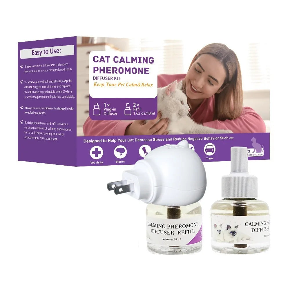 A kit for a cat calming pheromone diffuser showing the diffuser unit and a refill bottle.