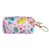 Bolsa de cierre rosa con diseño de gato amarillo y dibujos lindos, utilizada como dispensador ajustable para bolsas de excrem