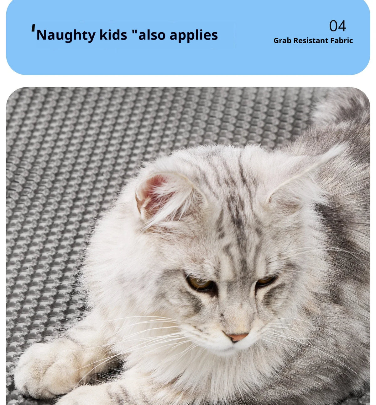 A fluffy gray and white cat is resting on a gray honeycomb litter mat.