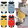 A gray cat is being held by a person wearing a yellow cycling walking pet carrier for cats.