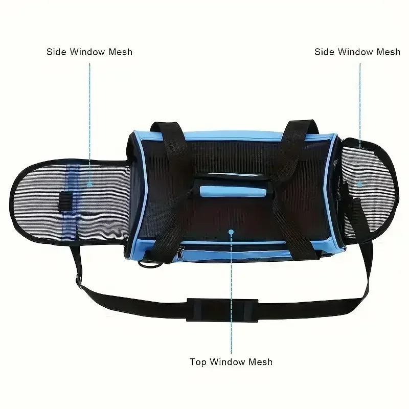 A breathable mesh pet carrier bag for cats and small dogs shown with side and top window mesh.