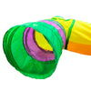 A bright green foldable cat play tunnel with rainbow colored interior visible.
