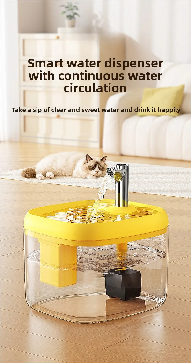 Distributeur d'eau automatique jaune avec un récipient transparent qui verse de l'eau.