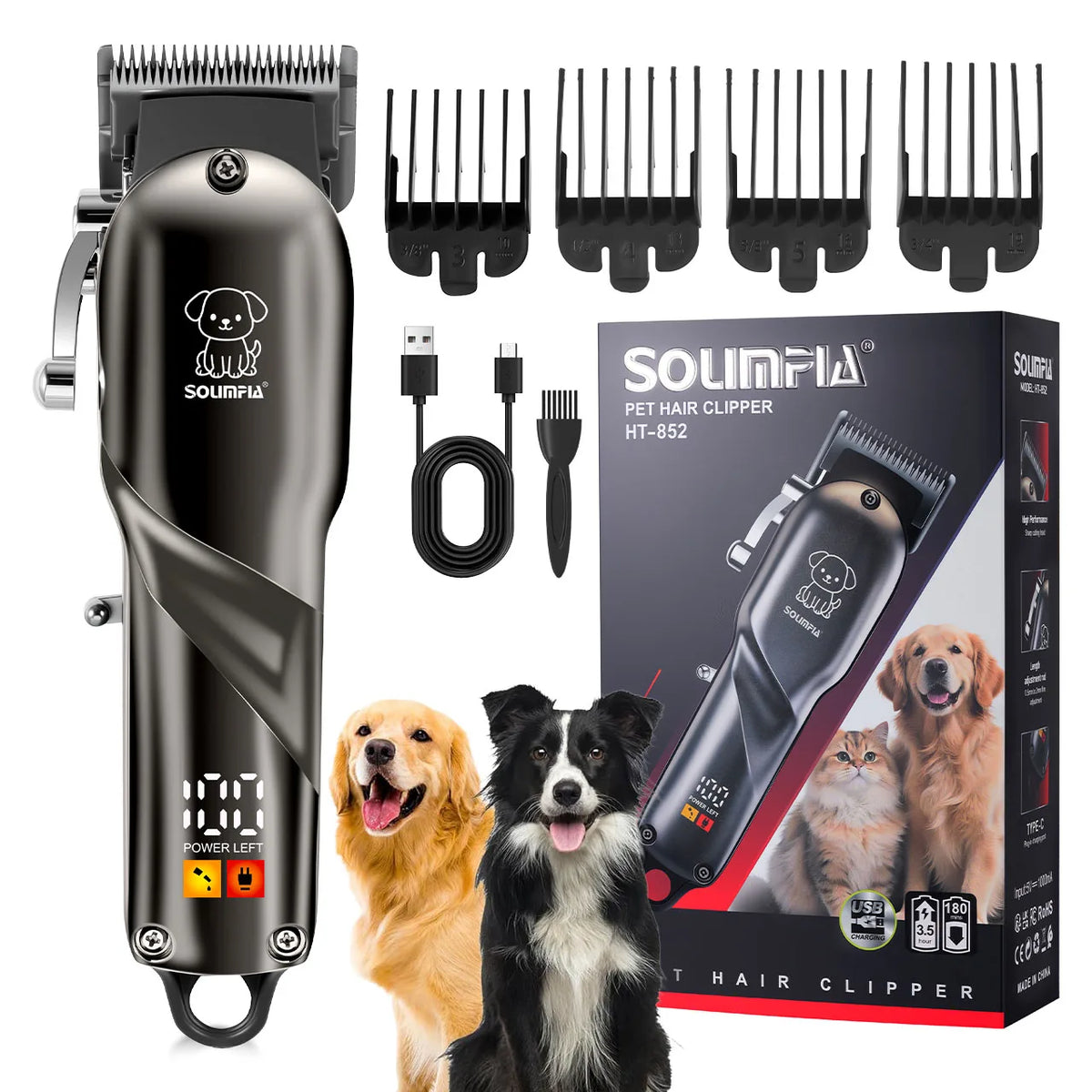 A black pet hair clipper with an LCD display and adjustable blades shown next to a dog.