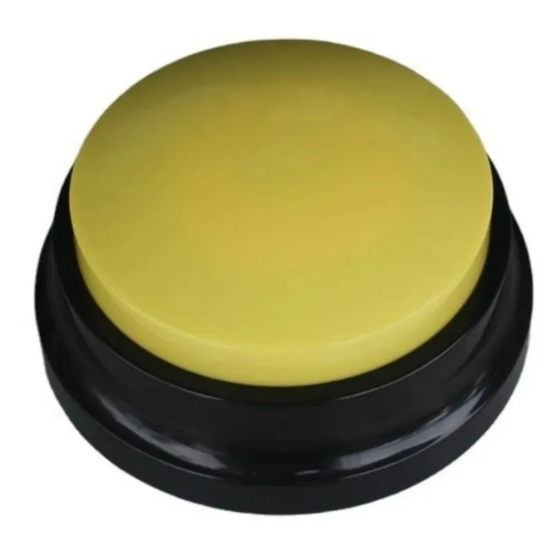 A round yellow talking pet training button with a black base.