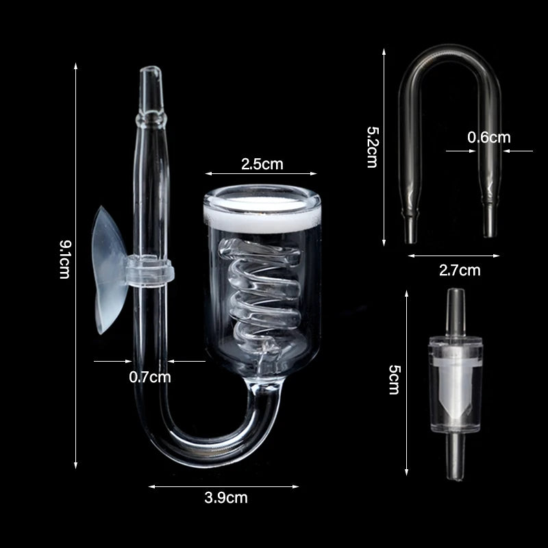 Clear glass aquarium CO2 diffuser with a suction cup and various components shown in detail.