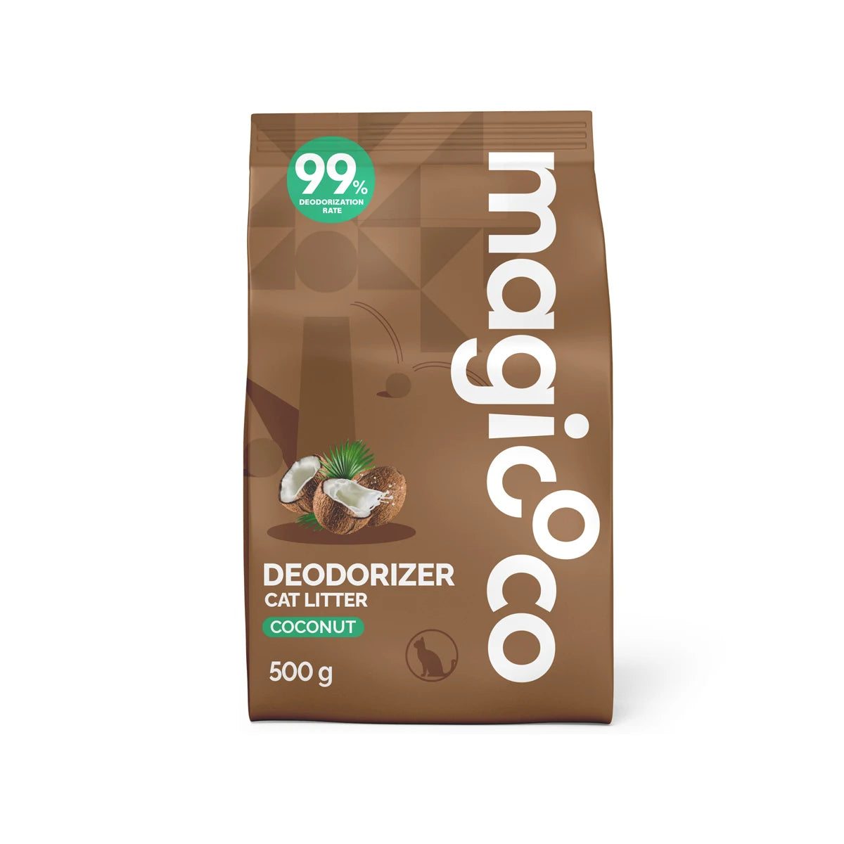 A brown pouch of MagicCo deodorizer cat litter powder with a 99% deodorization rate label.