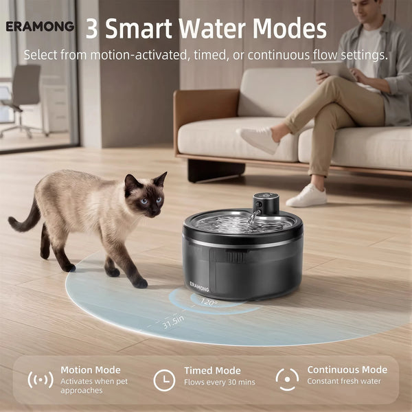 A black pet water fountain is shown on a light wooden floor with a cat nearby, illustrating three smart water modes.