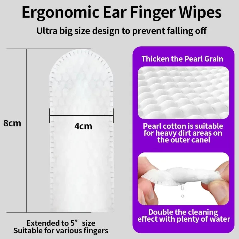 Toallitas ergonómicas blancas para limpiar los oídos de mascotas con textura perla.