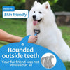 A fluffy white dog is being groomed with a brush, highlighting skin-friendly care and rounded outside teeth.